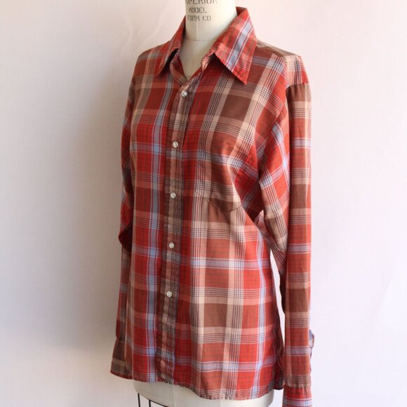 Vintage 1970s Shirt, Viking Dagger Collar Orange Plaid Tratan Button Down Blouse - Picture 7 of 10
